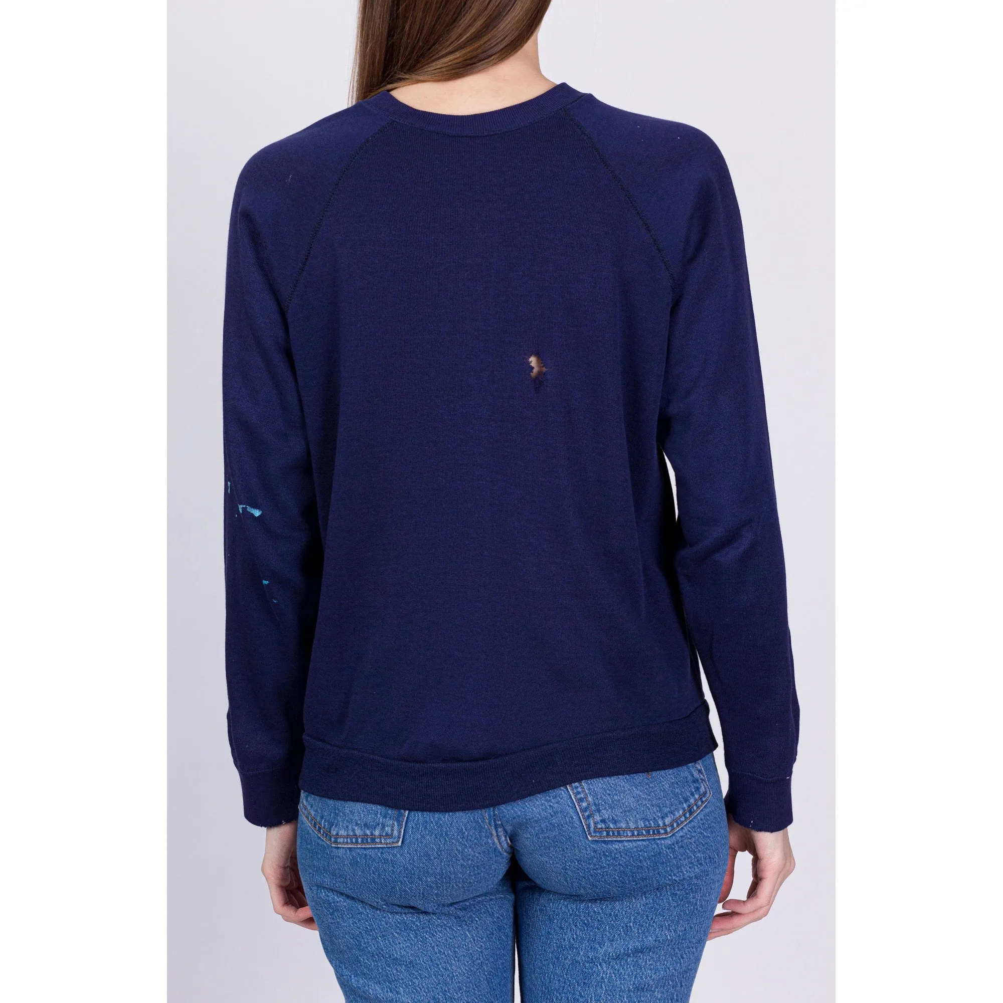 80s Navy Blue Paint Splattered Raglan Sweatshirt - Men's Small, Women's Medium