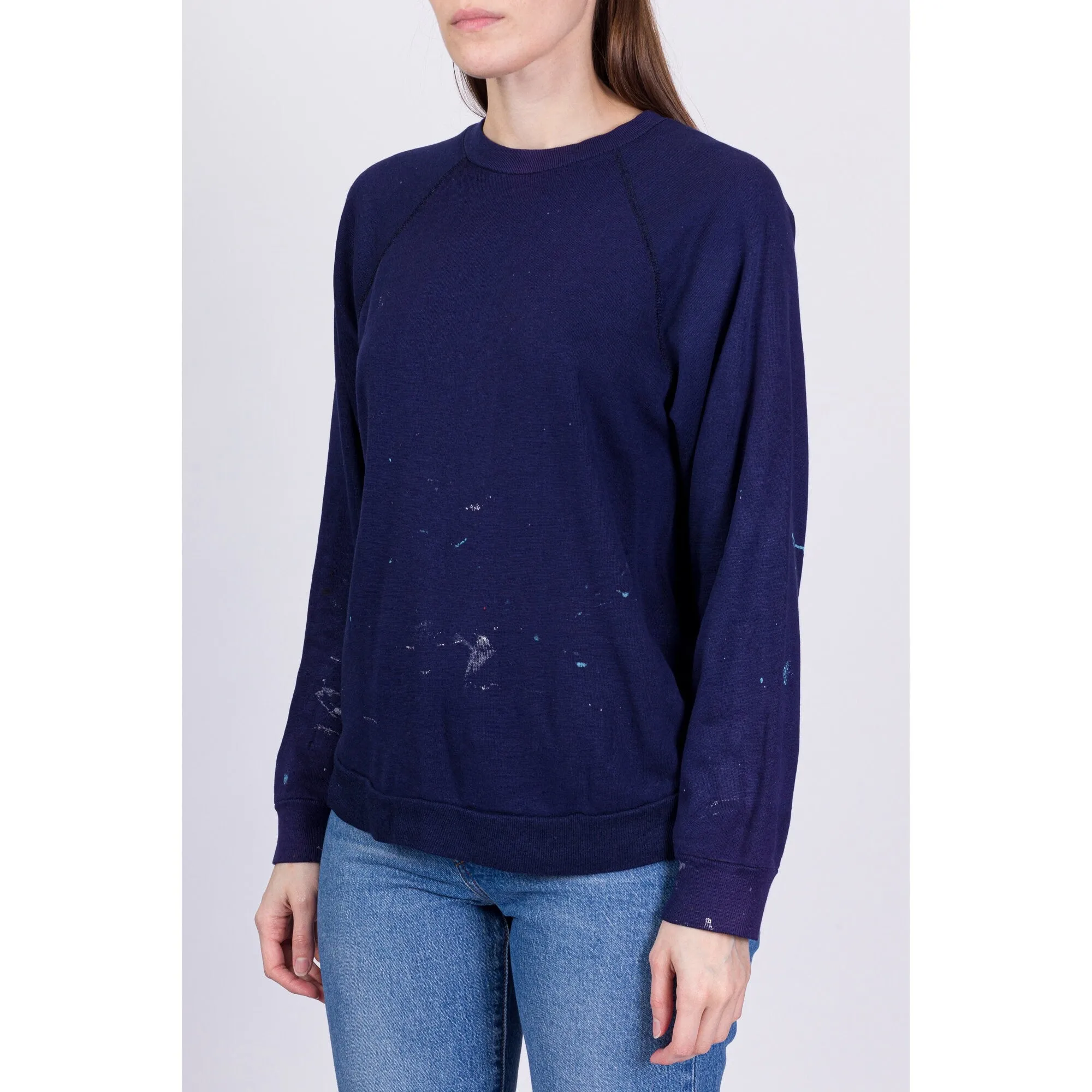 80s Navy Blue Paint Splattered Raglan Sweatshirt - Men's Small, Women's Medium