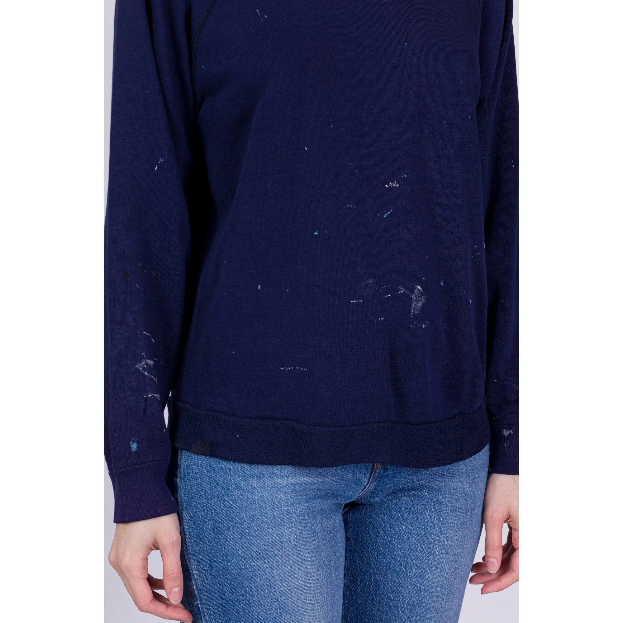80s Navy Blue Paint Splattered Raglan Sweatshirt - Men's Small, Women's Medium