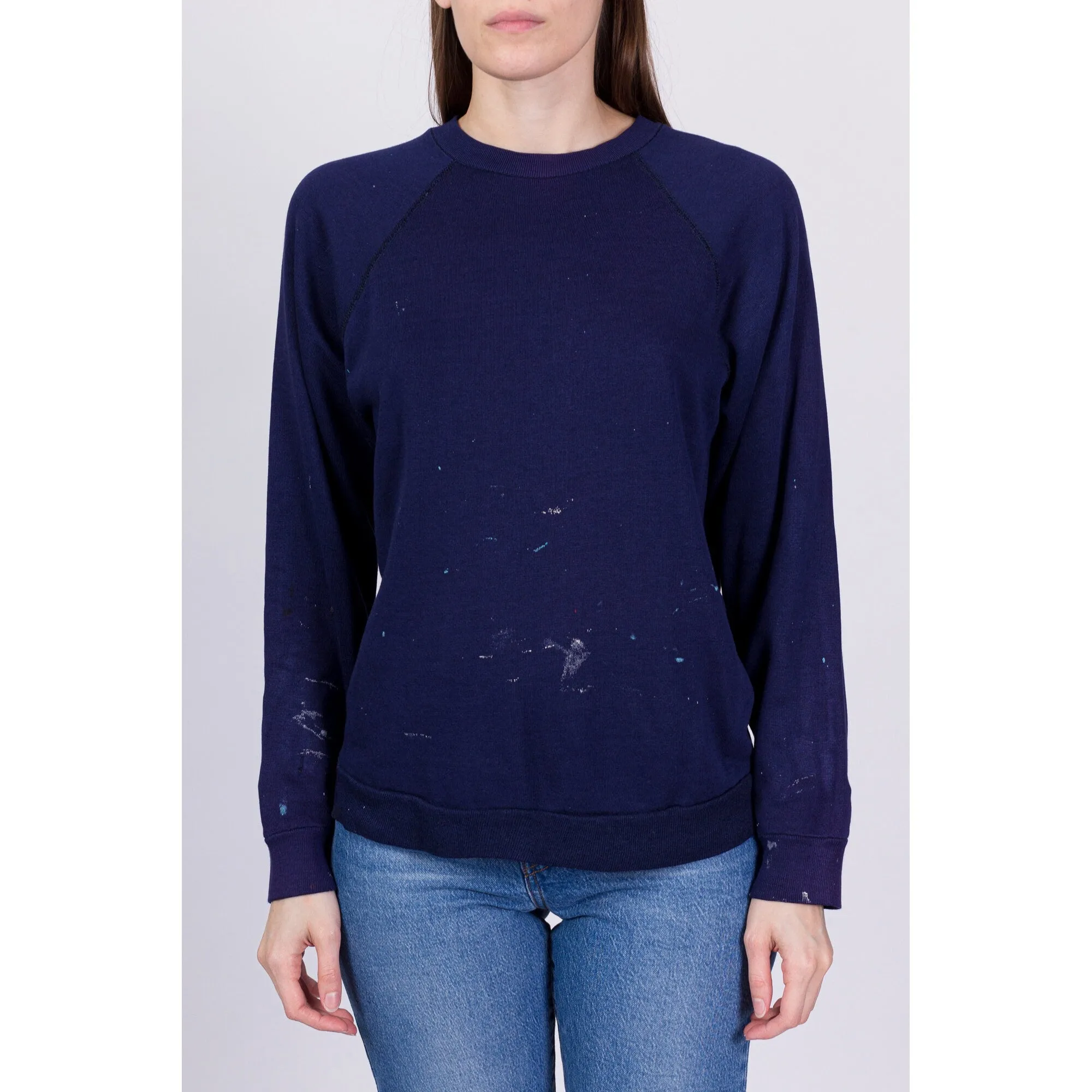 80s Navy Blue Paint Splattered Raglan Sweatshirt - Men's Small, Women's Medium