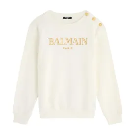 Balmain Kids Embroidered Logo Ivory Button Sweatshirt
