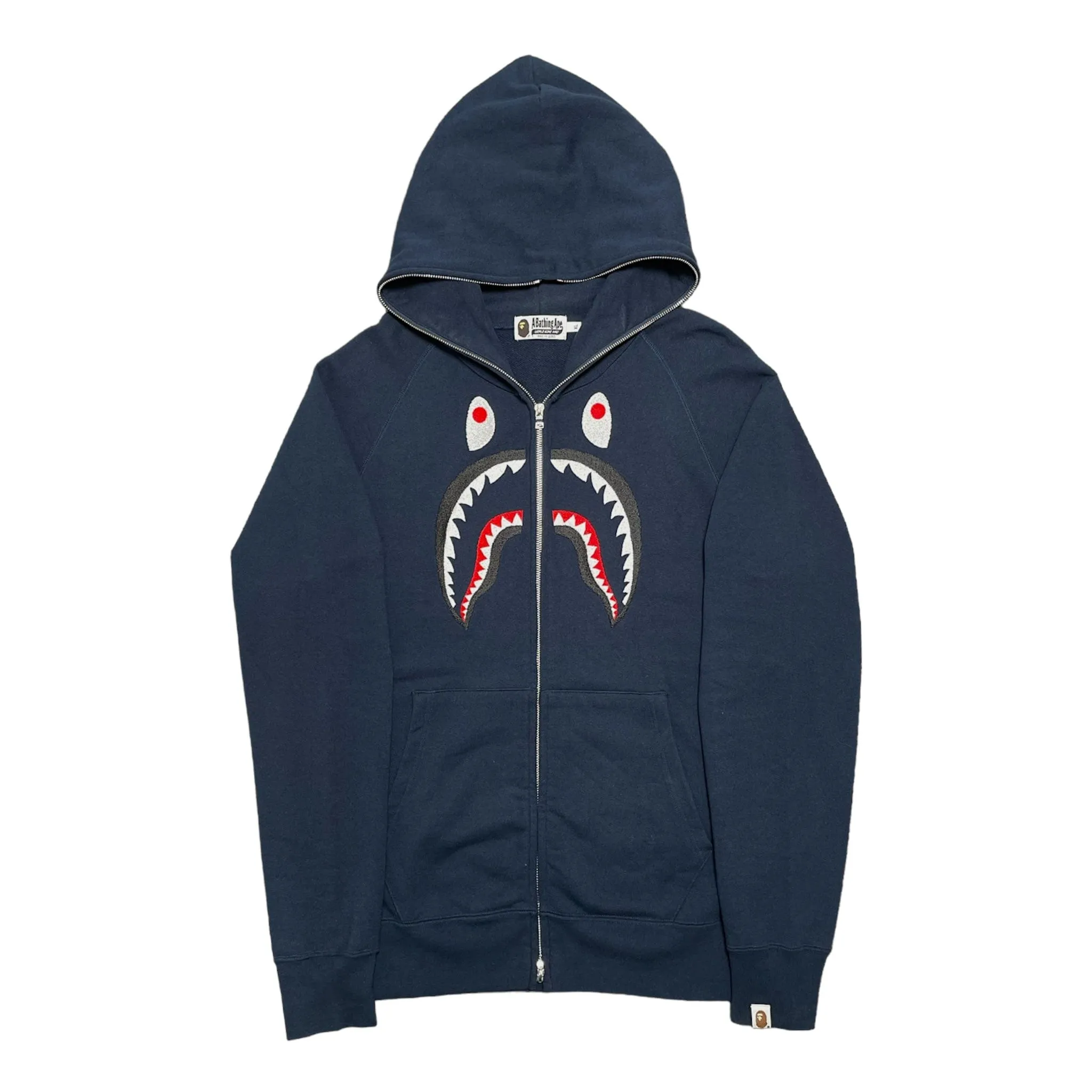 BAPE Embroidered Chest Shark Full Zip Hooded Sweatshirt Navy Blue