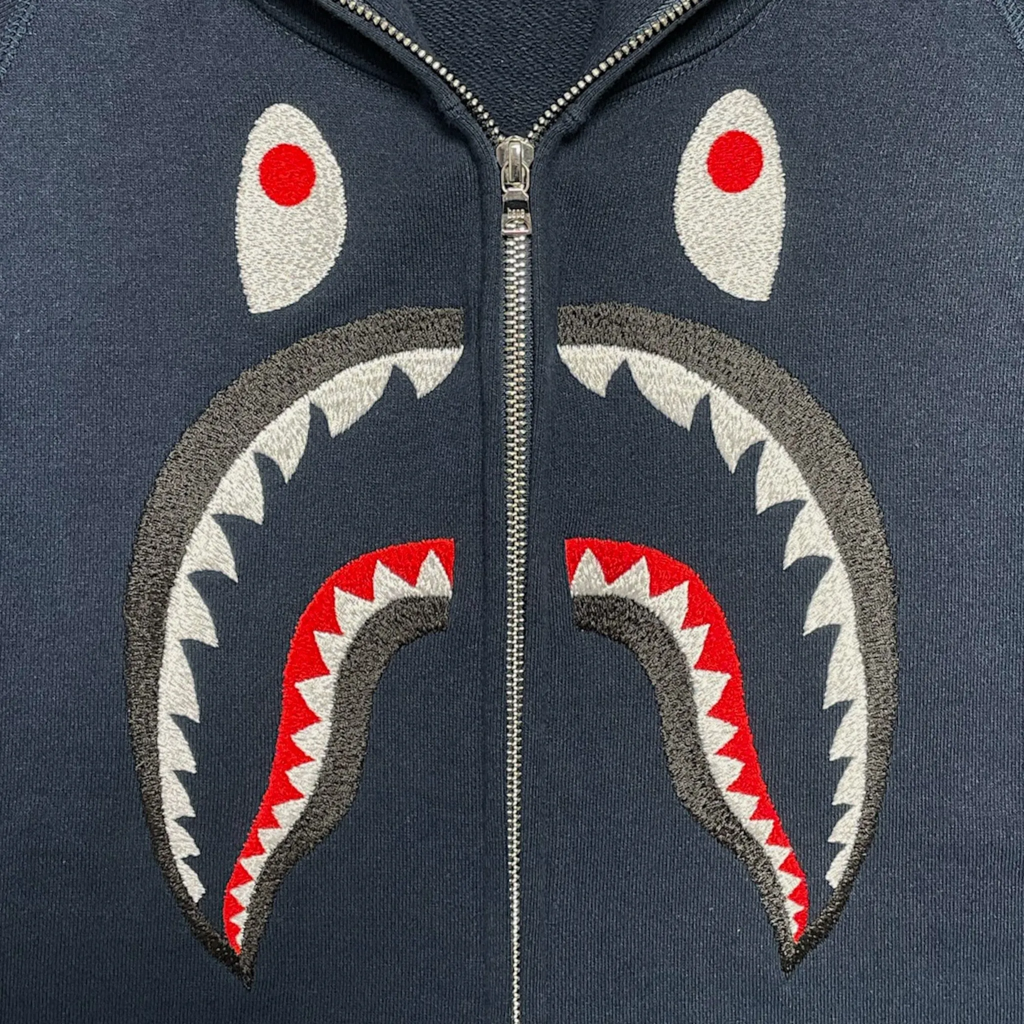 BAPE Embroidered Chest Shark Full Zip Hooded Sweatshirt Navy Blue