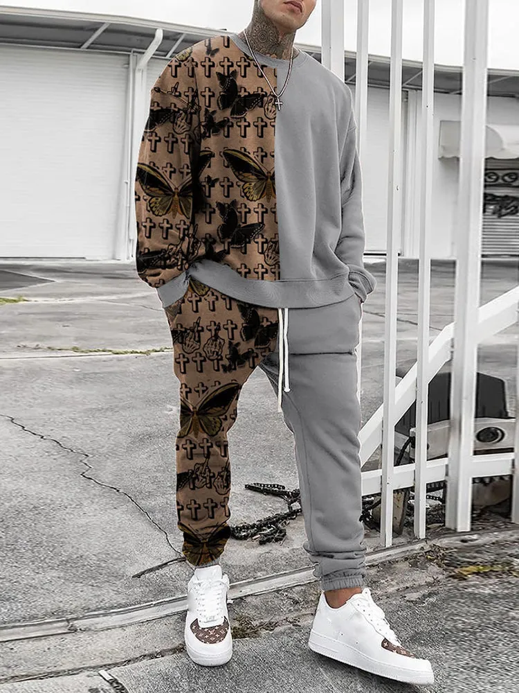 Casual Contrast Color Print HoodieSets