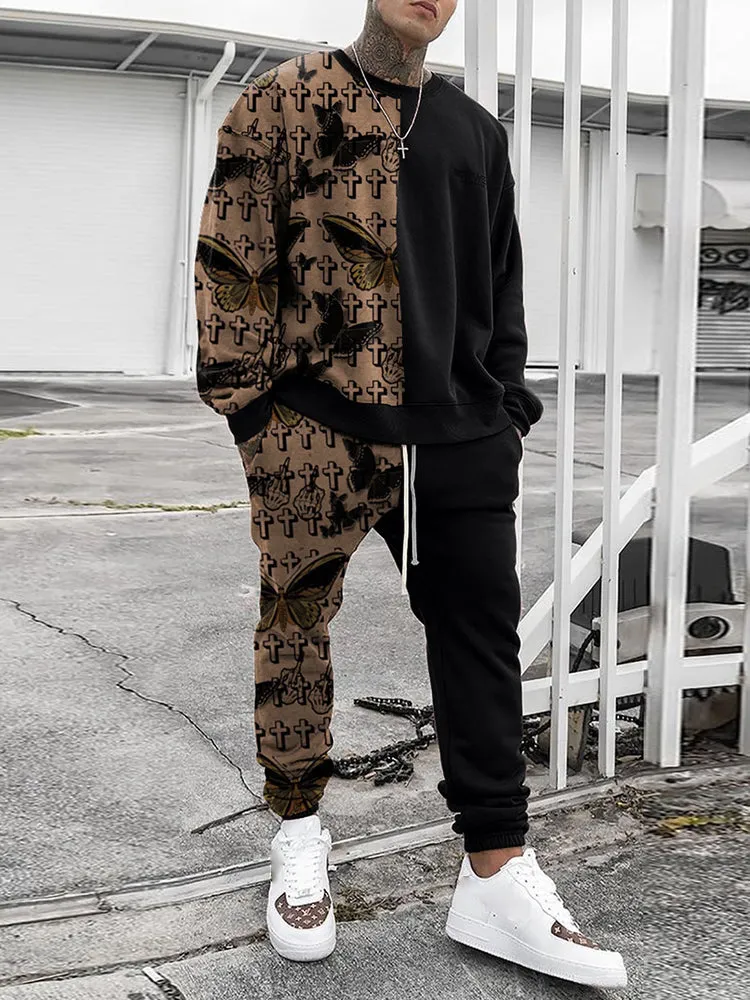 Casual Contrast Color Print HoodieSets