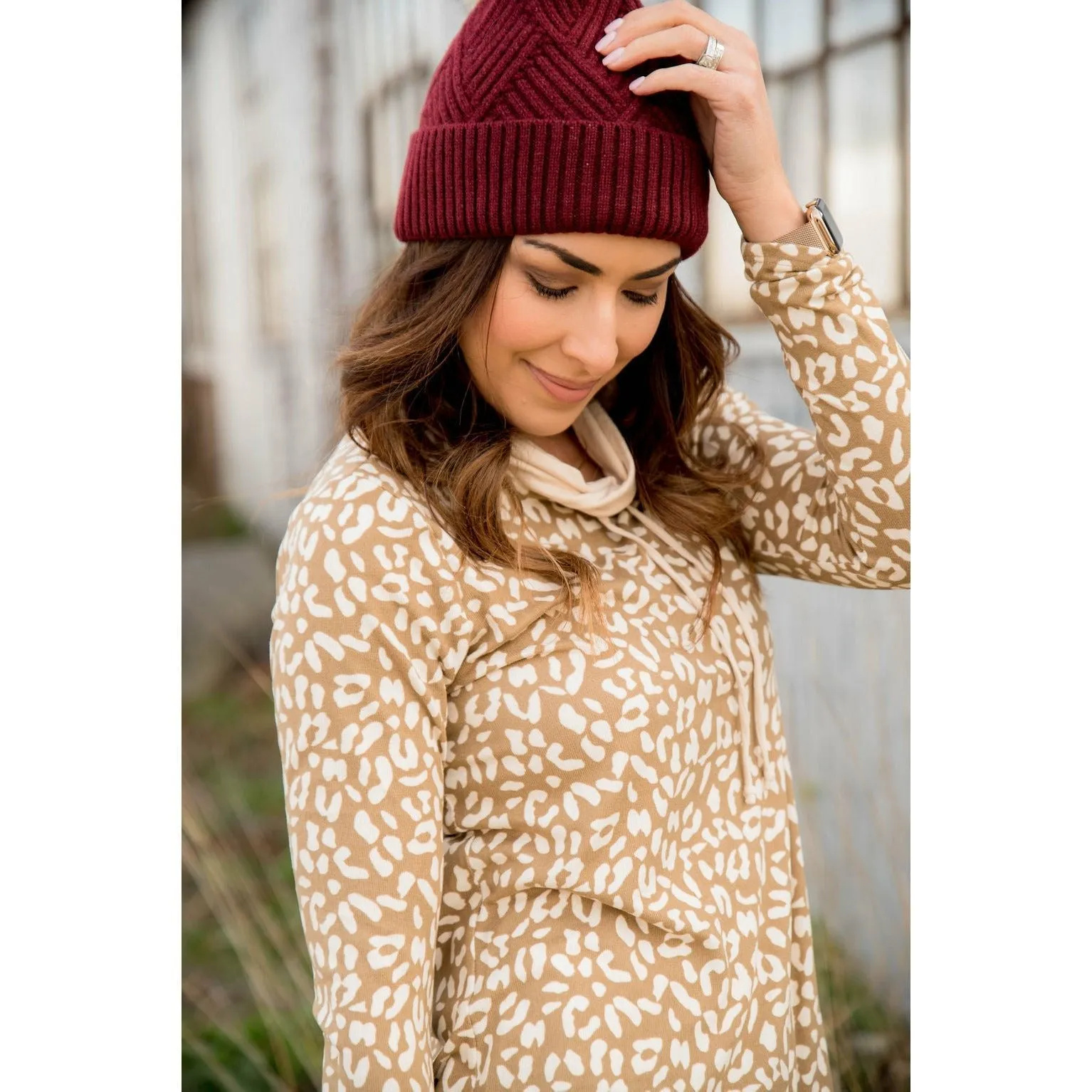 Cheetah Solid Trimmed Cowl Neck