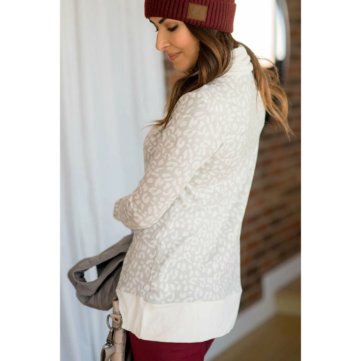Cheetah Solid Trimmed Cowl Neck