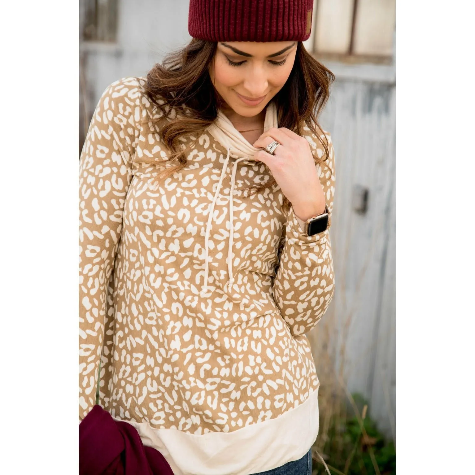 Cheetah Solid Trimmed Cowl Neck