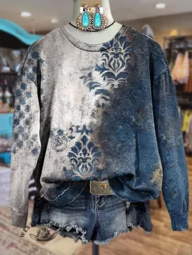 Colorblock Patterned Textured Print Crew Neck Sweatshirt