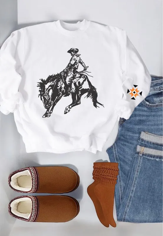 Cowboy with Aztec Sleeve Graphic Crew Sweatshirt