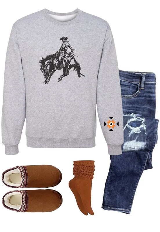 Cowboy with Aztec Sleeve Graphic Crew Sweatshirt