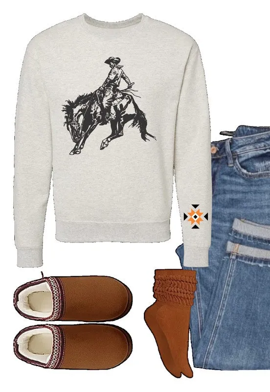 Cowboy with Aztec Sleeve Graphic Crew Sweatshirt
