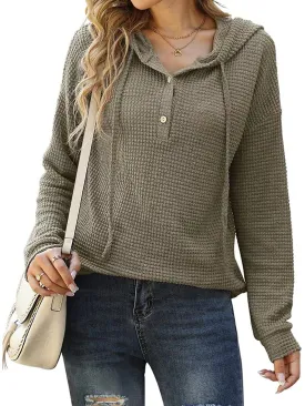 Drawstring Long Sleeve Button Up Hooded Sweatshirt