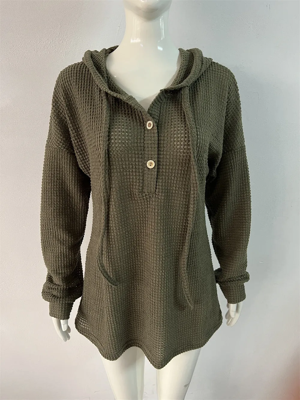 Drawstring Long Sleeve Button Up Hooded Sweatshirt
