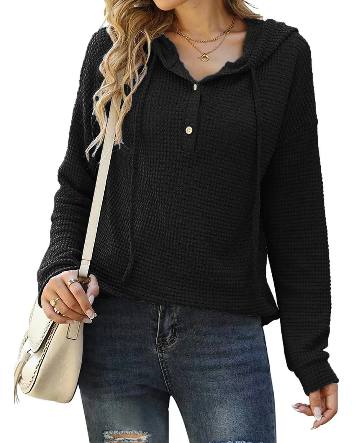 Drawstring Long Sleeve Button Up Hooded Sweatshirt