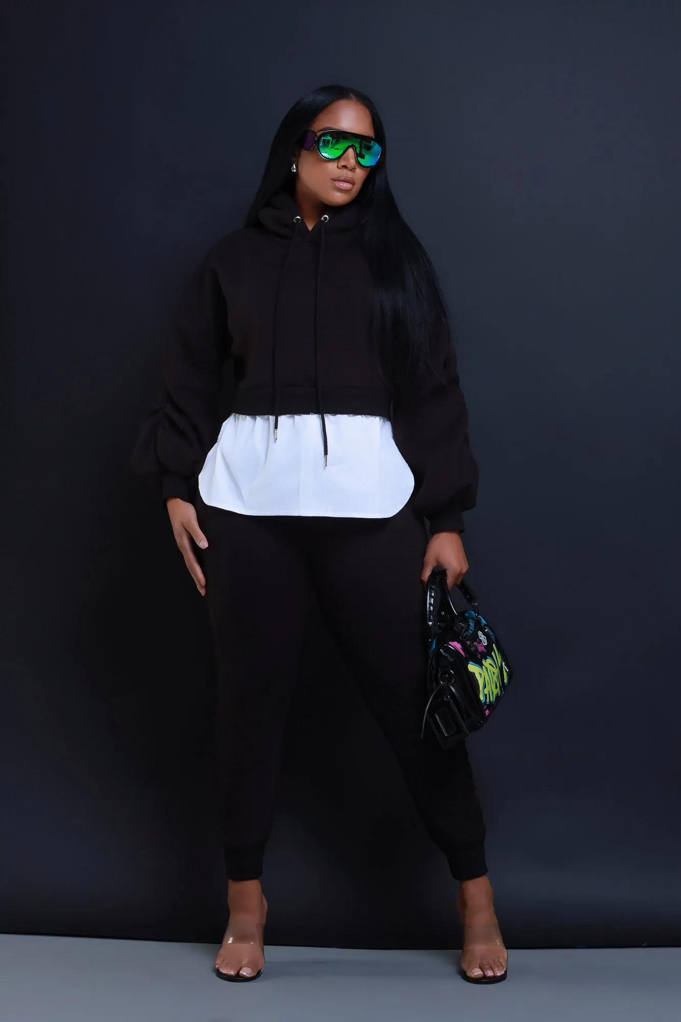 Excuse The Mess Layered Hooded Lounge Set - Black