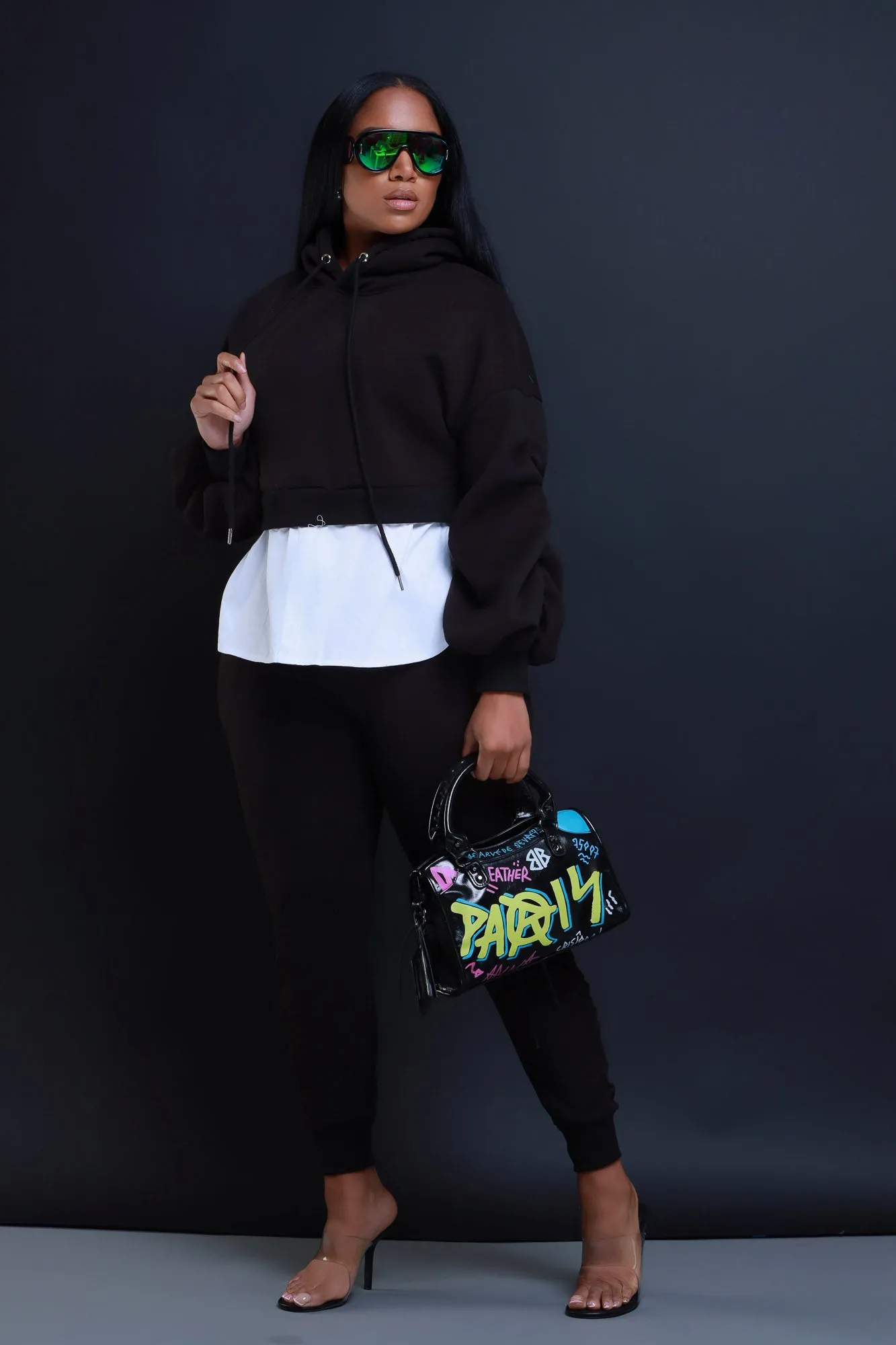 Excuse The Mess Layered Hooded Lounge Set - Black