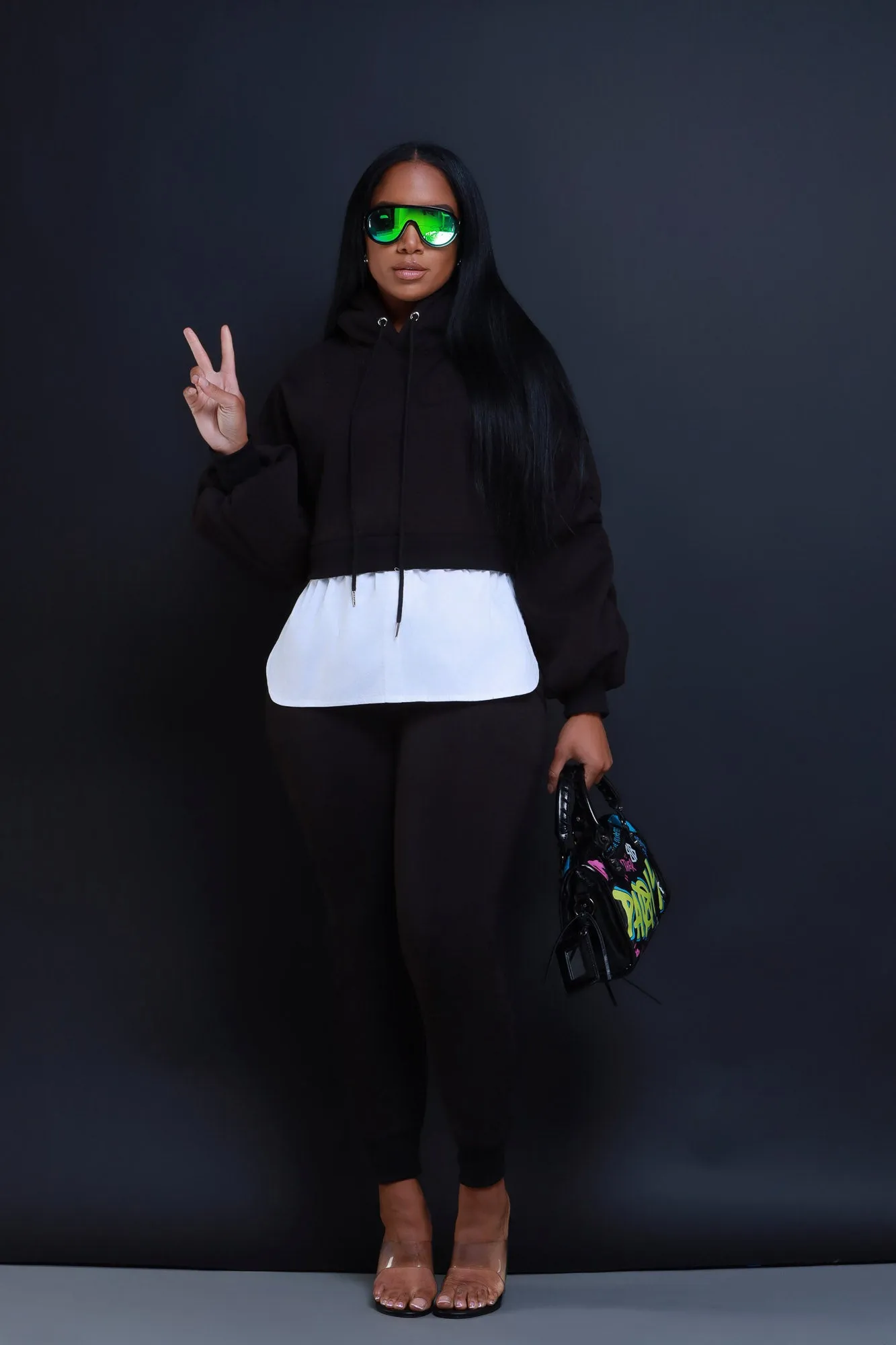 Excuse The Mess Layered Hooded Lounge Set - Black