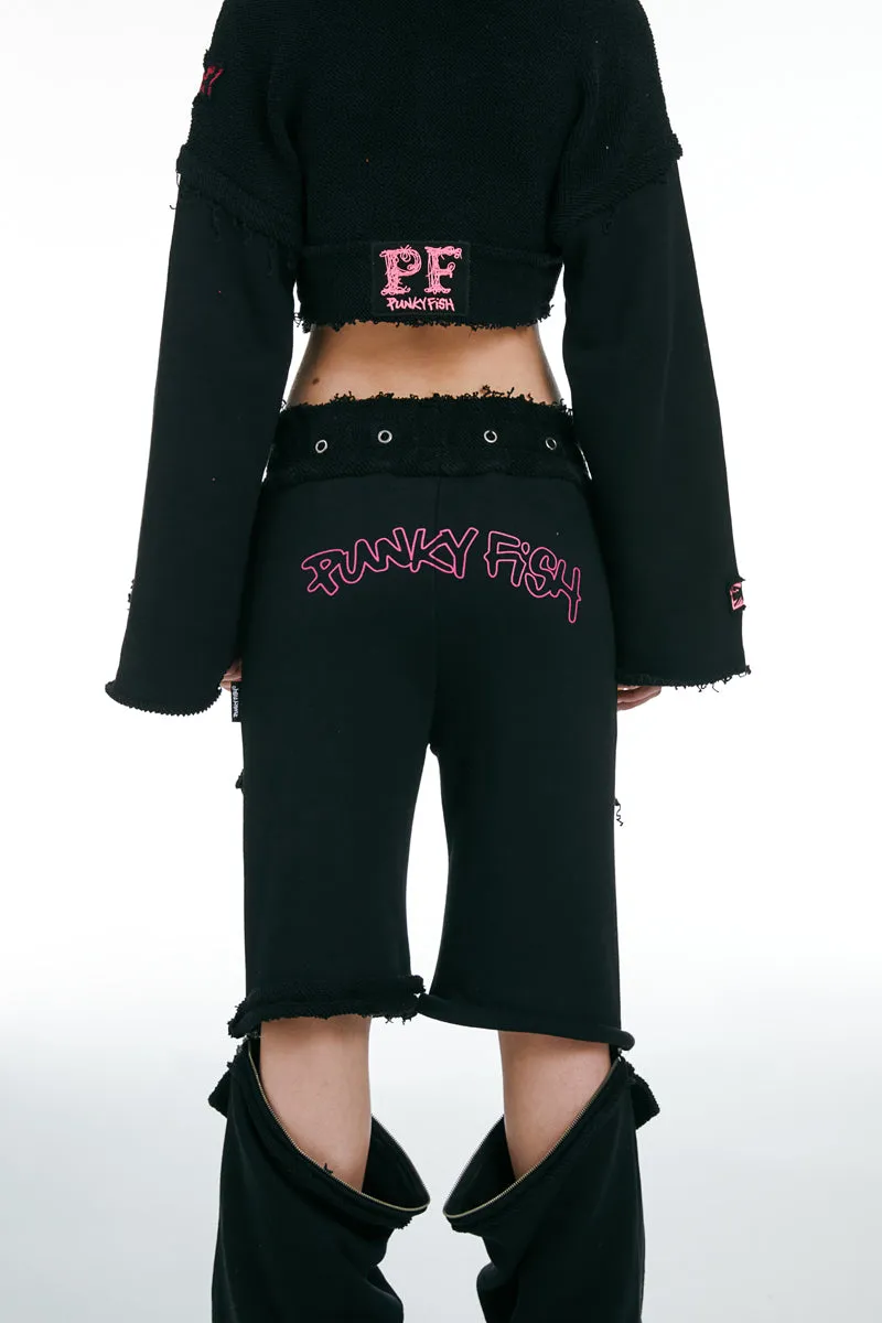 Hooded Cropped Sweatshirt and Joggers With Zipper Black