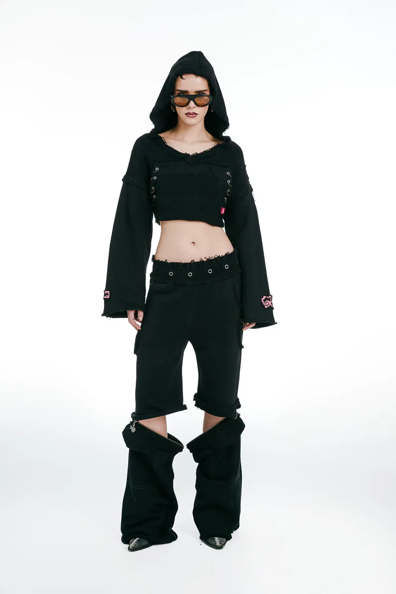 Hooded Cropped Sweatshirt and Joggers With Zipper Black