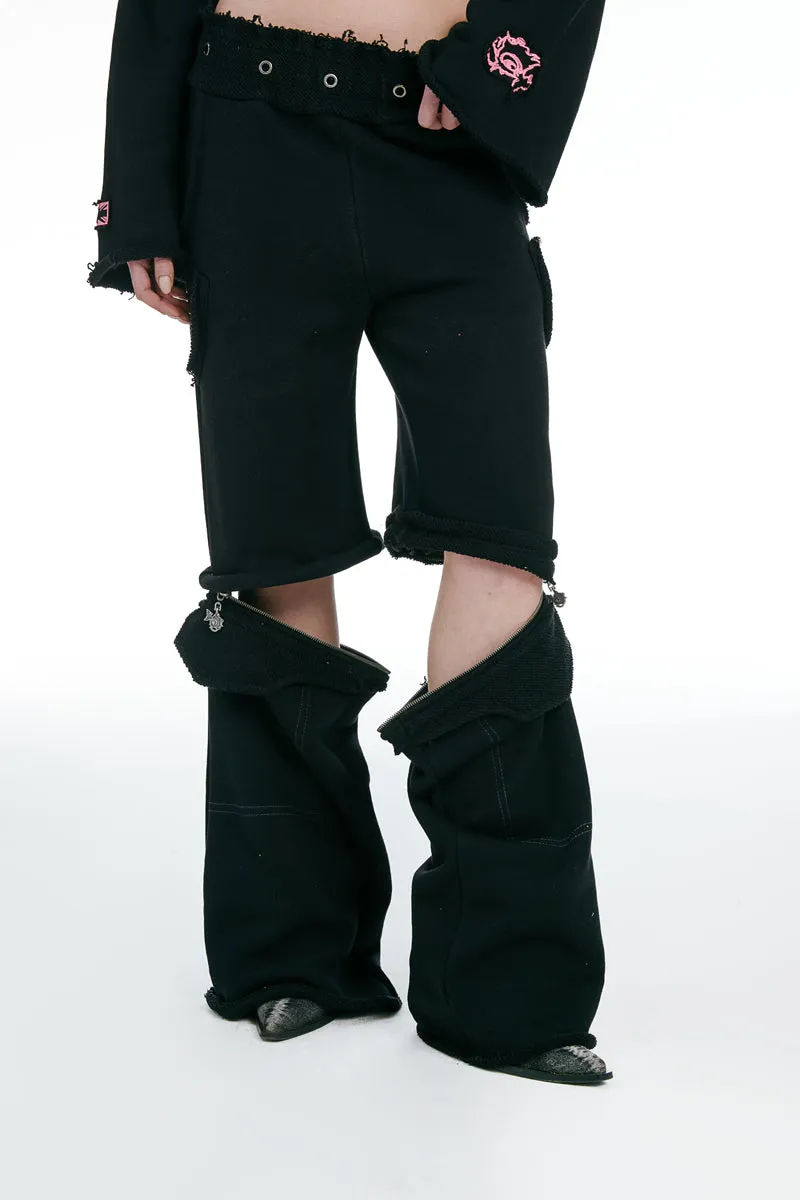 Hooded Cropped Sweatshirt and Joggers With Zipper Black