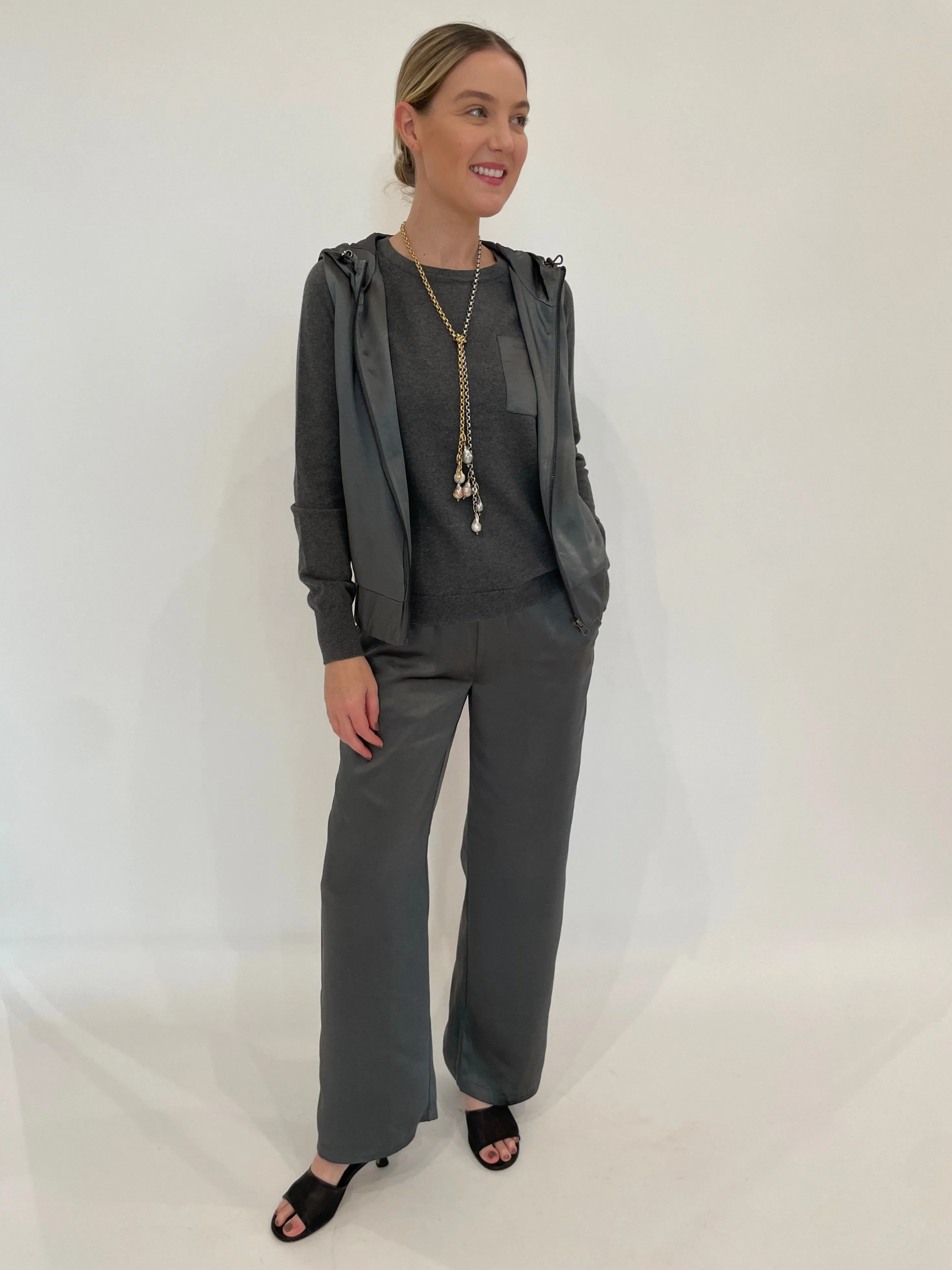 Jette Satin Pocket Sweatshirt - Gunmetal