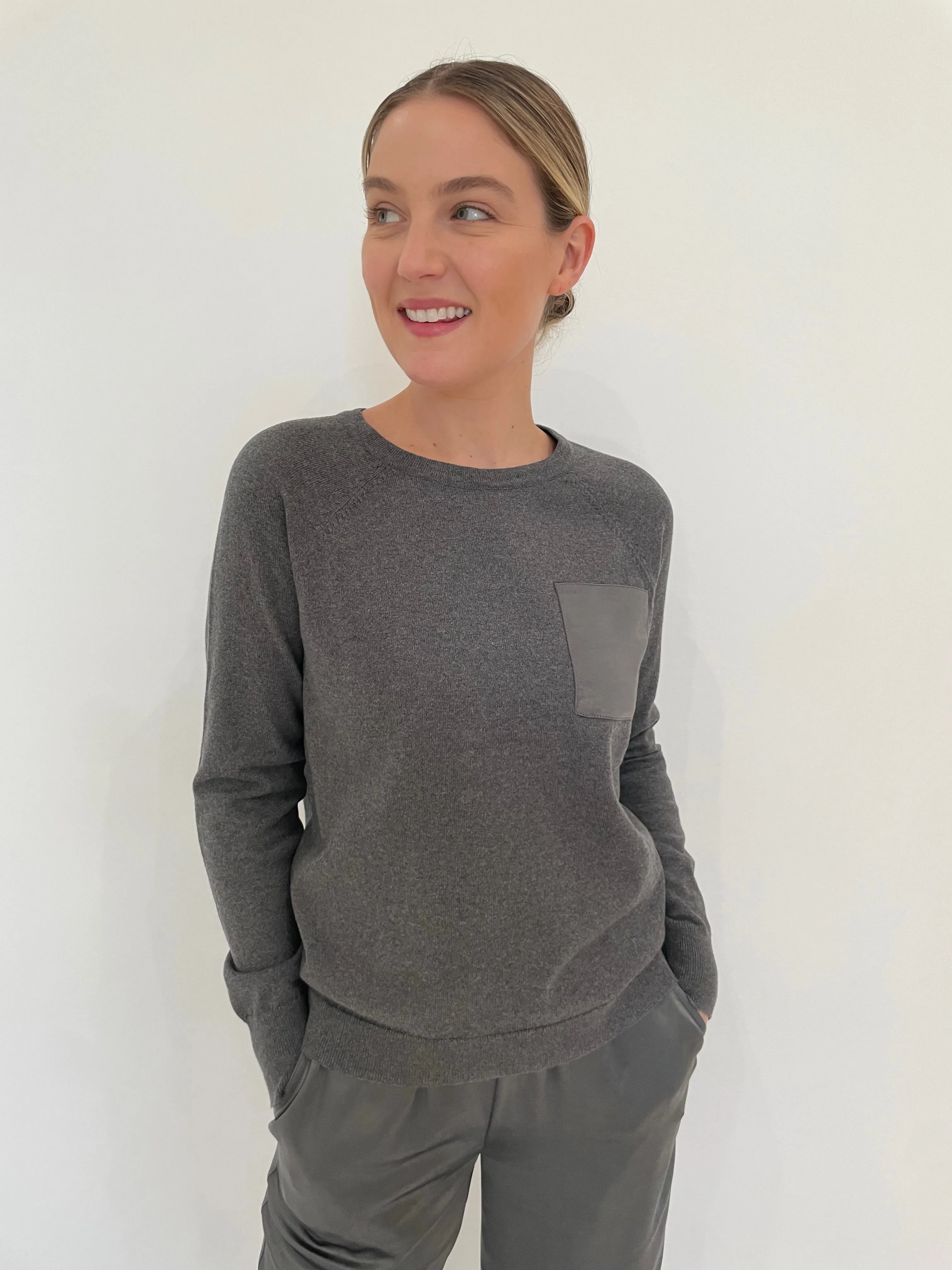 Jette Satin Pocket Sweatshirt - Gunmetal