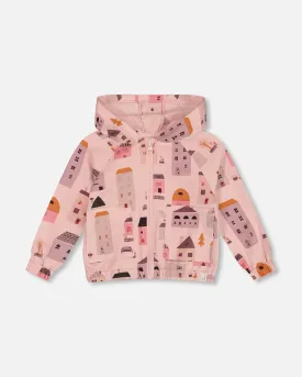 Printed French Terry Hoodie Cardigan Pink And Coral Houses