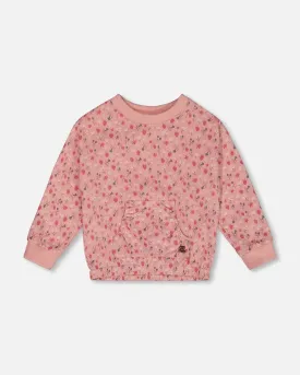 Printed French Terry Sweatshirt Old Pink And Flowers