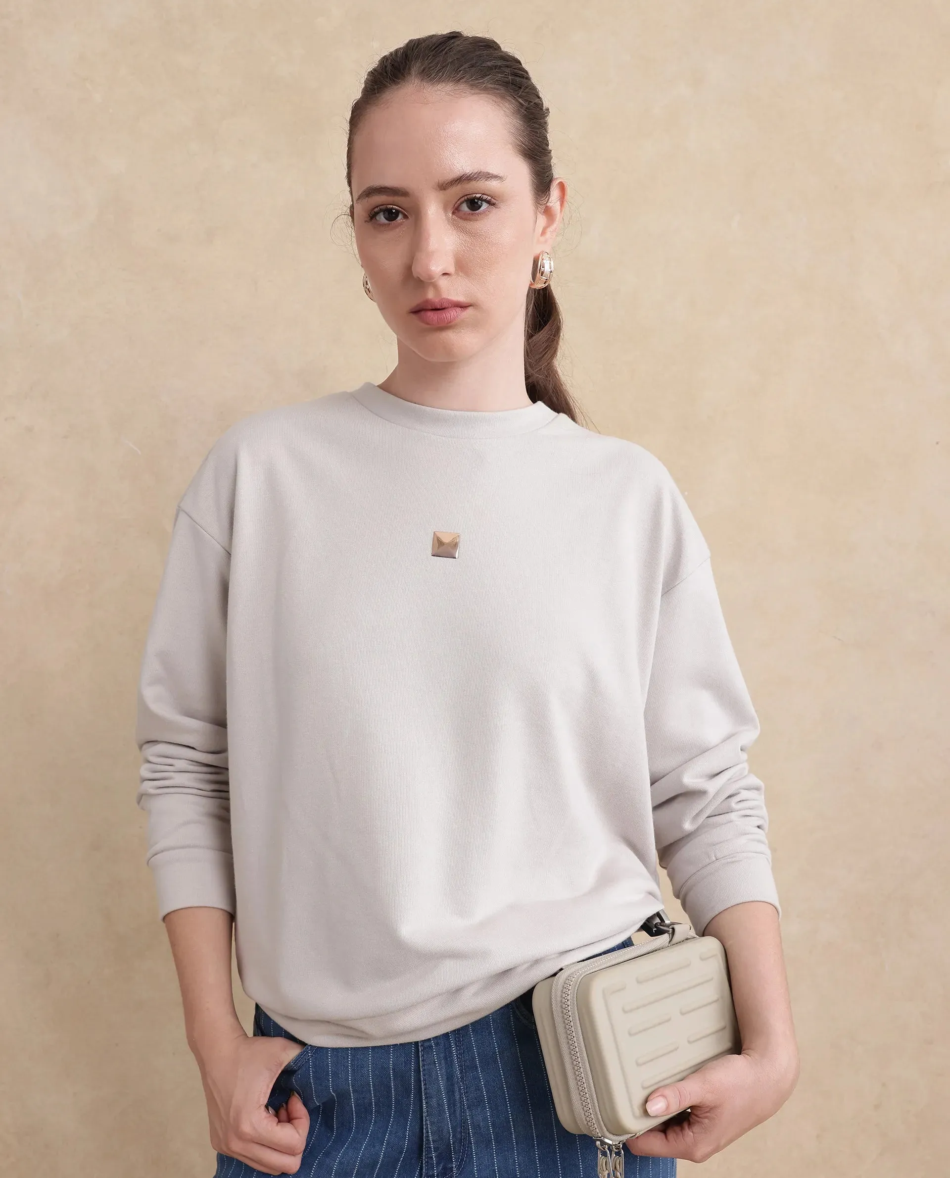 Rareism Womens Aimee Light Grey Sweatshirt Cotton Full Sleeve Crew Neck Solid