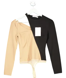 Safiyaa Beige Two Tone Asymmetric Cut Out Bodysuit UK 8