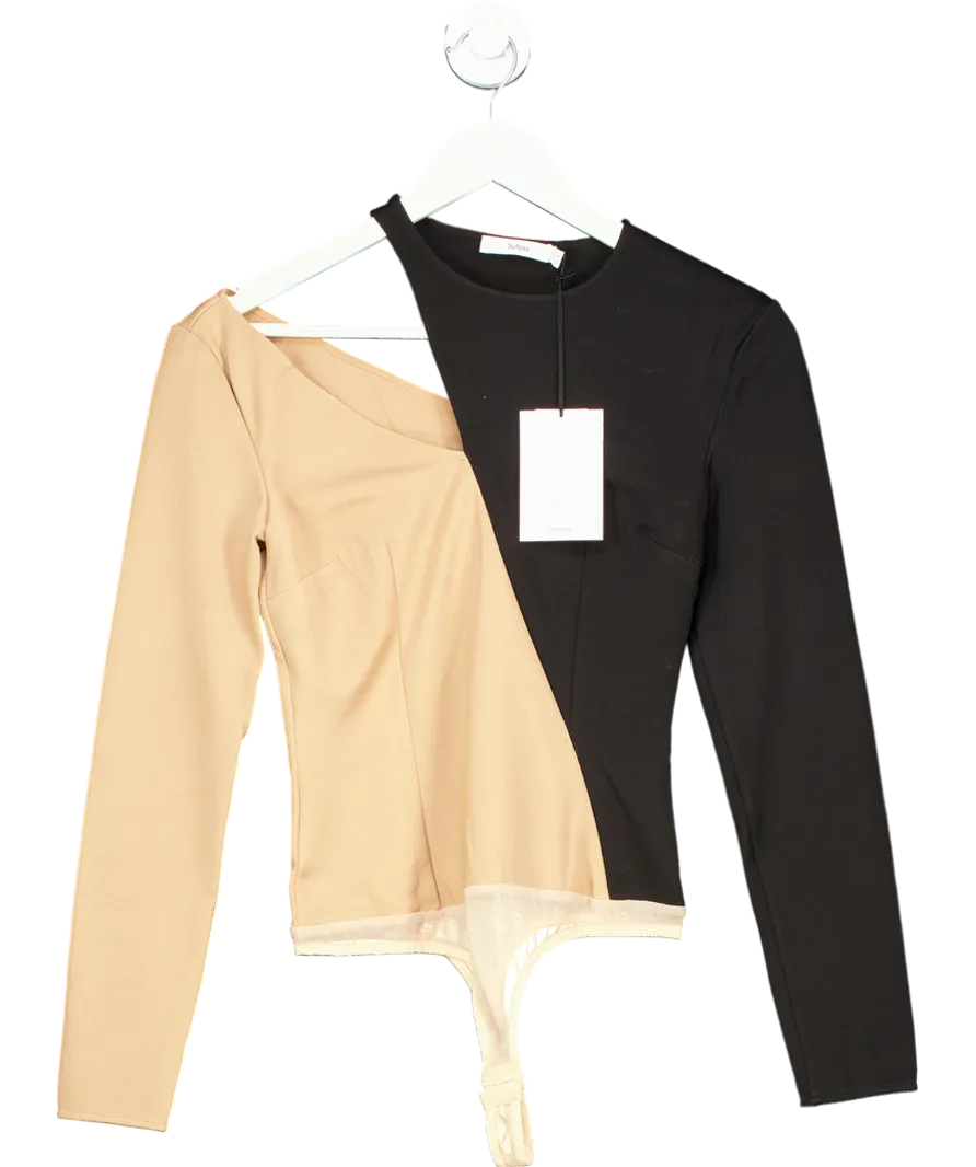 Safiyaa Beige Two Tone Asymmetric Cut Out Bodysuit UK 8