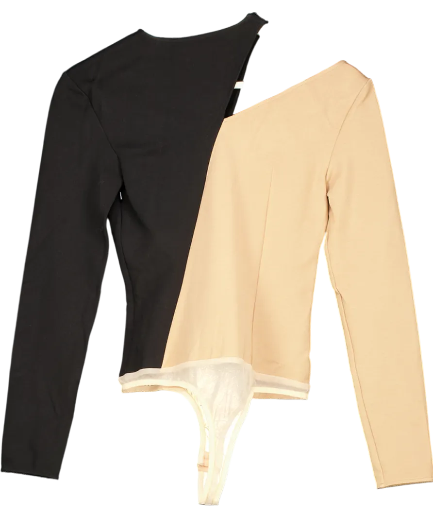 Safiyaa Beige Two Tone Asymmetric Cut Out Bodysuit UK 8