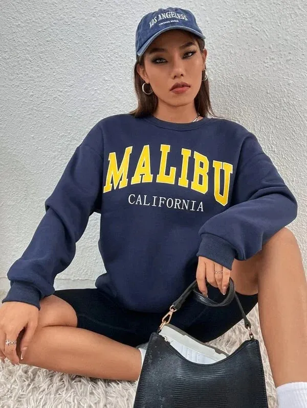 SXV  'Malibu California’ Printed Cool Aesthetic Drop Shoulder Oversized Sweatshirt