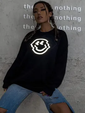 SXV  'Reflective Smile Face’ Printed Cool Aesthetic Drop Shoulder Oversized Baggy Sweatshirt