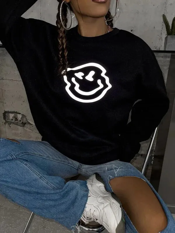 SXV  'Reflective Smile Face’ Printed Cool Aesthetic Drop Shoulder Oversized Baggy Sweatshirt