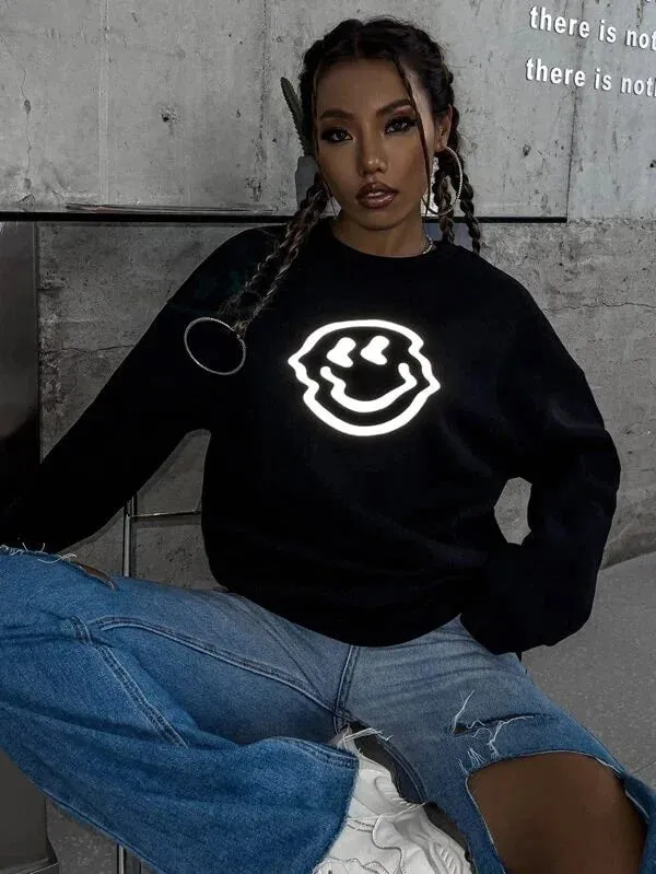 SXV  'Reflective Smile Face’ Printed Cool Aesthetic Drop Shoulder Oversized Baggy Sweatshirt