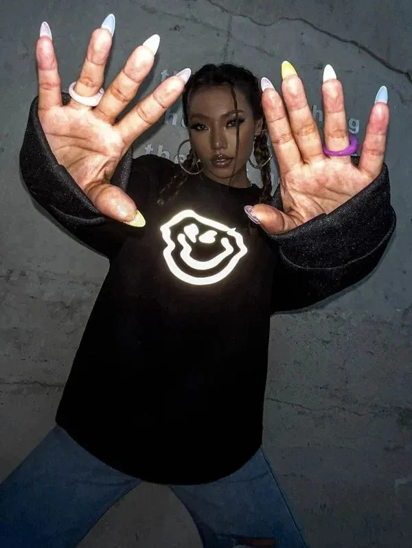 SXV  'Reflective Smile Face’ Printed Cool Aesthetic Drop Shoulder Oversized Baggy Sweatshirt