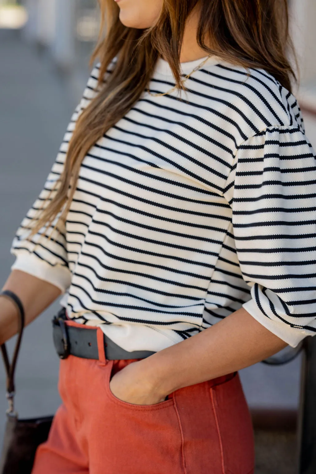 Textured Stripes 3/4 Sleeve Sweatshirt