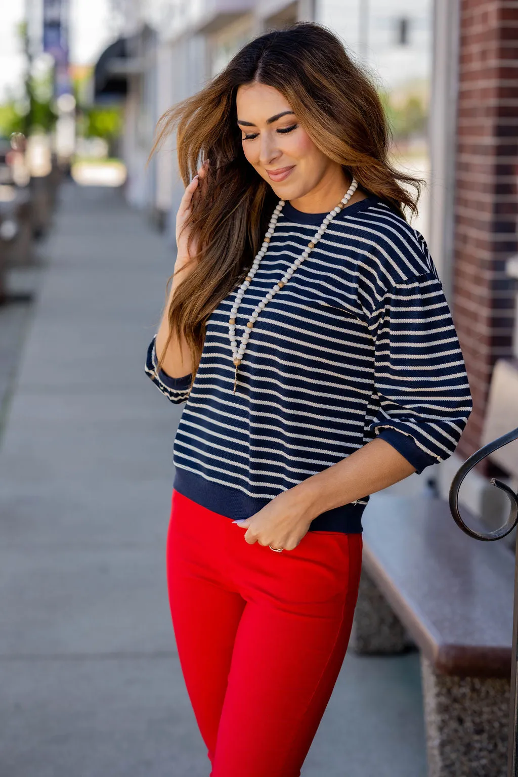 Textured Stripes 3/4 Sleeve Sweatshirt