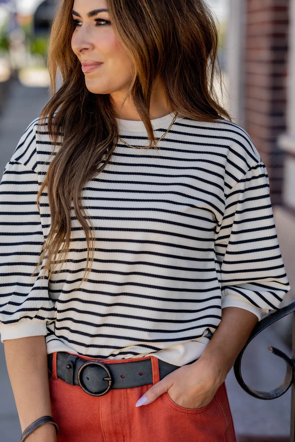 Textured Stripes 3/4 Sleeve Sweatshirt