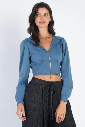 Vintage Zip-Up Hooded Long Sleeve Cropped Sweatshirt