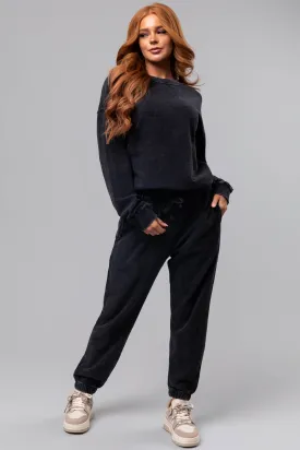 Washed Black Textured Knit Drawstring Joggers