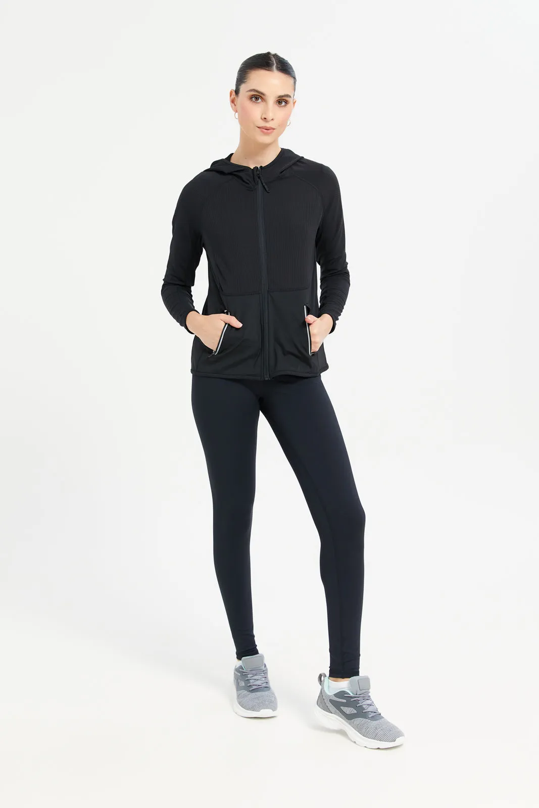 Women Black Hoodie Zip Through Sweatshirt