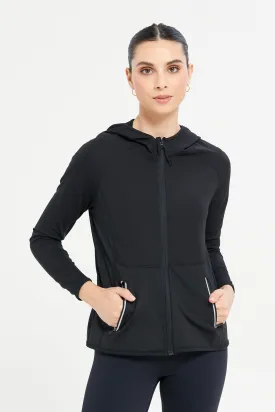 Women Black Hoodie Zip Through Sweatshirt