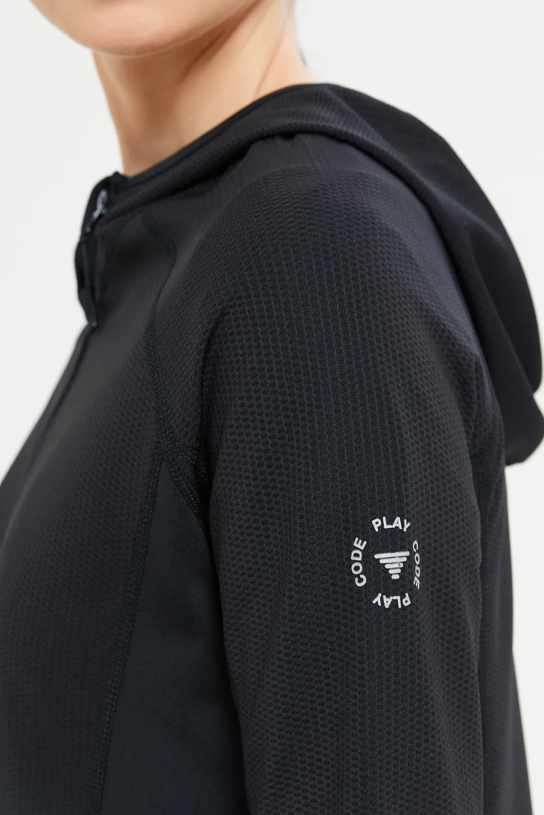 Women Black Hoodie Zip Through Sweatshirt