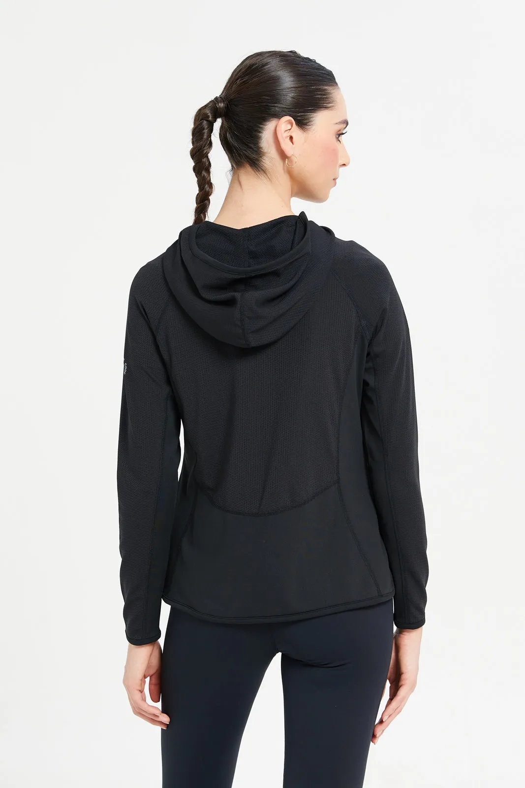 Women Black Hoodie Zip Through Sweatshirt