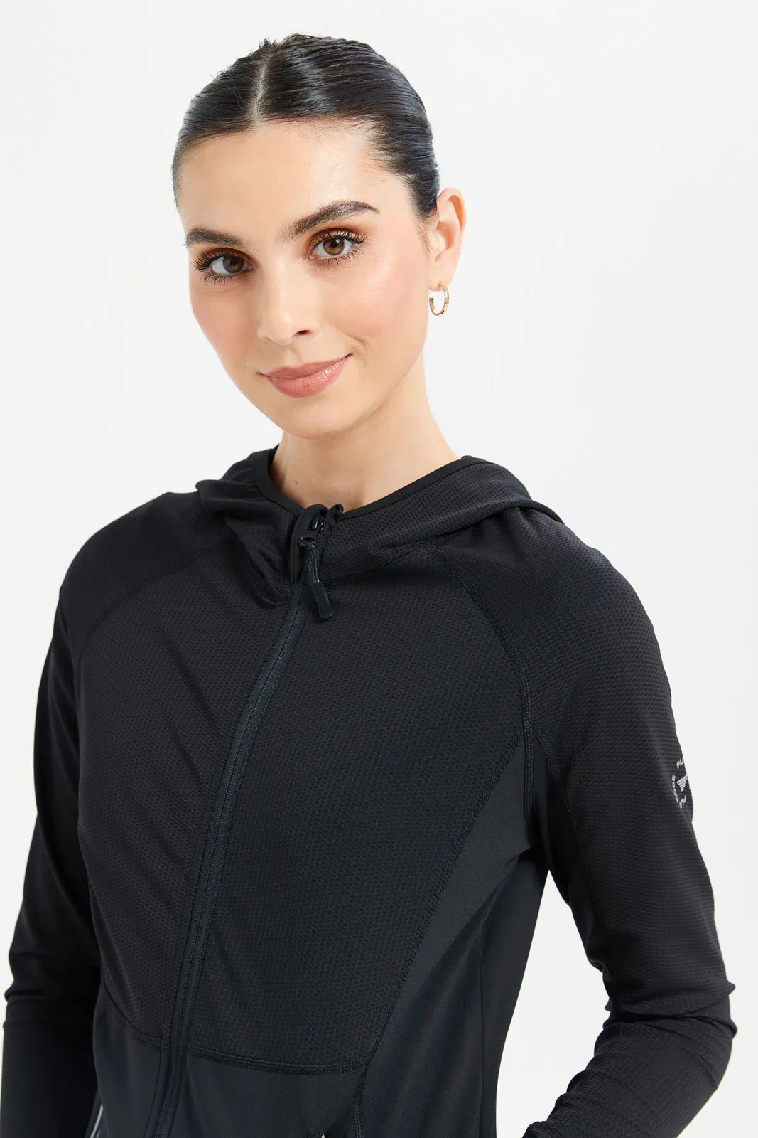 Women Black Hoodie Zip Through Sweatshirt