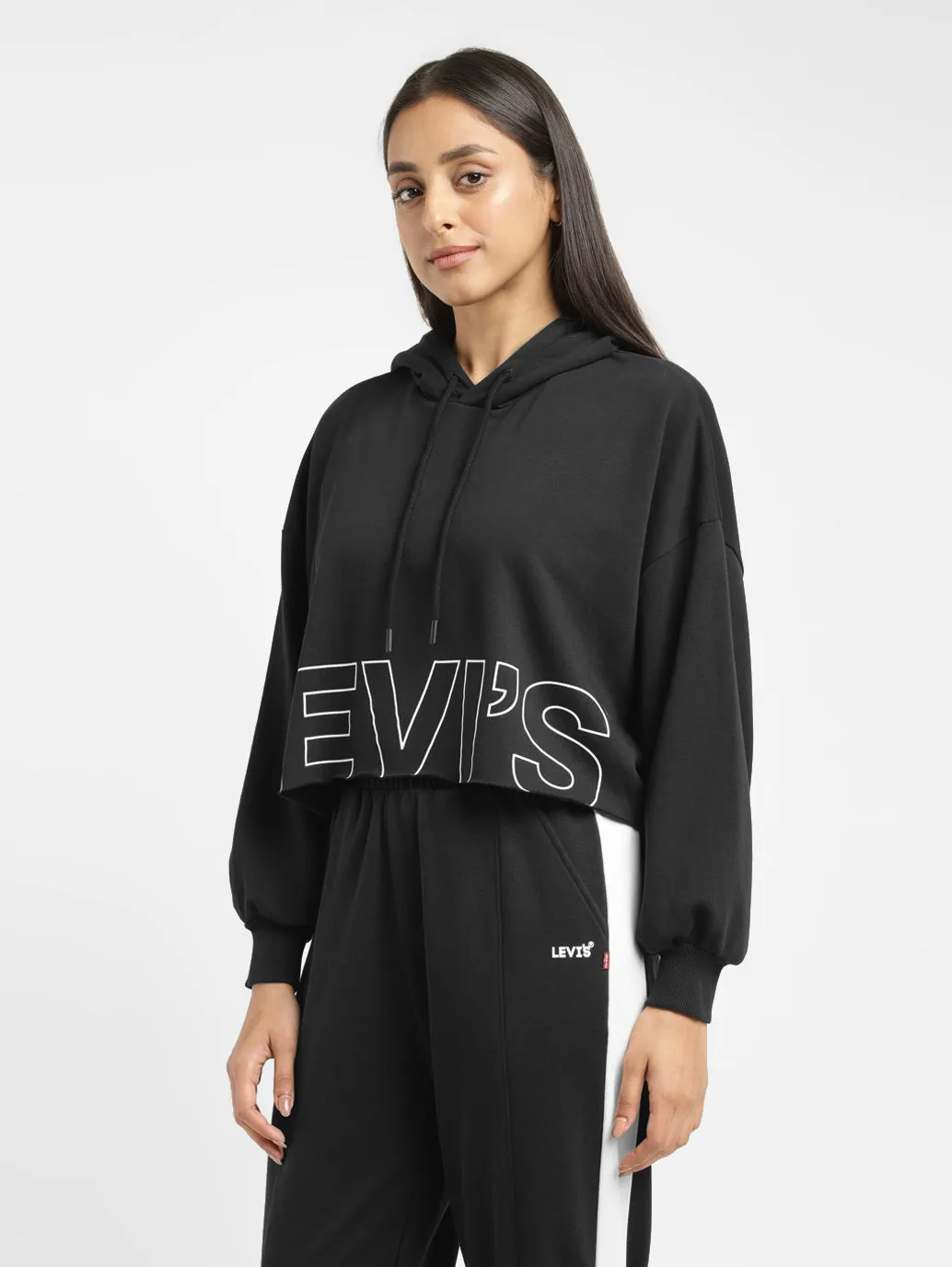 Women's Brand Logo Black And White Hooded Sweatshirt