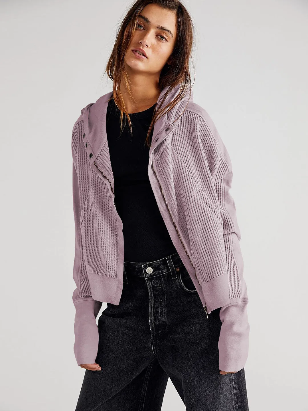 Women's Fashion Casual Patchwork Zipper Hooded Sweatshirt